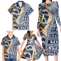 Hawaiian Plumeria Lei Family Matching Long Sleeve Bodycon Dress and Hawaiian Shirt Kakau Motifs and Palaka Half Style Blue Color LT03 - Polynesian Pride