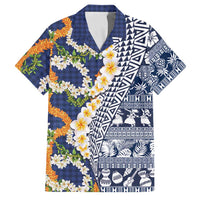Hawaiian Plumeria Lei Family Matching Long Sleeve Bodycon Dress and Hawaiian Shirt Kakau Motifs and Palaka Half Style Blue Color LT03 Dad's Shirt - Short Sleeve Blue - Polynesian Pride