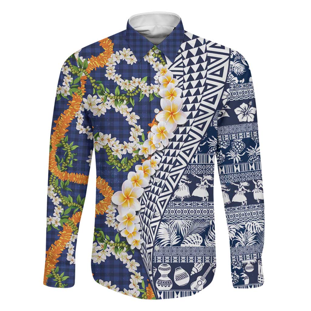 Hawaiian Plumeria Lei Family Matching Mermaid Dress and Hawaiian Shirt Kakau Motifs and Palaka Half Style Blue Color LT03 Dad's Shirt - Long Sleeve Blue - Polynesian Pride