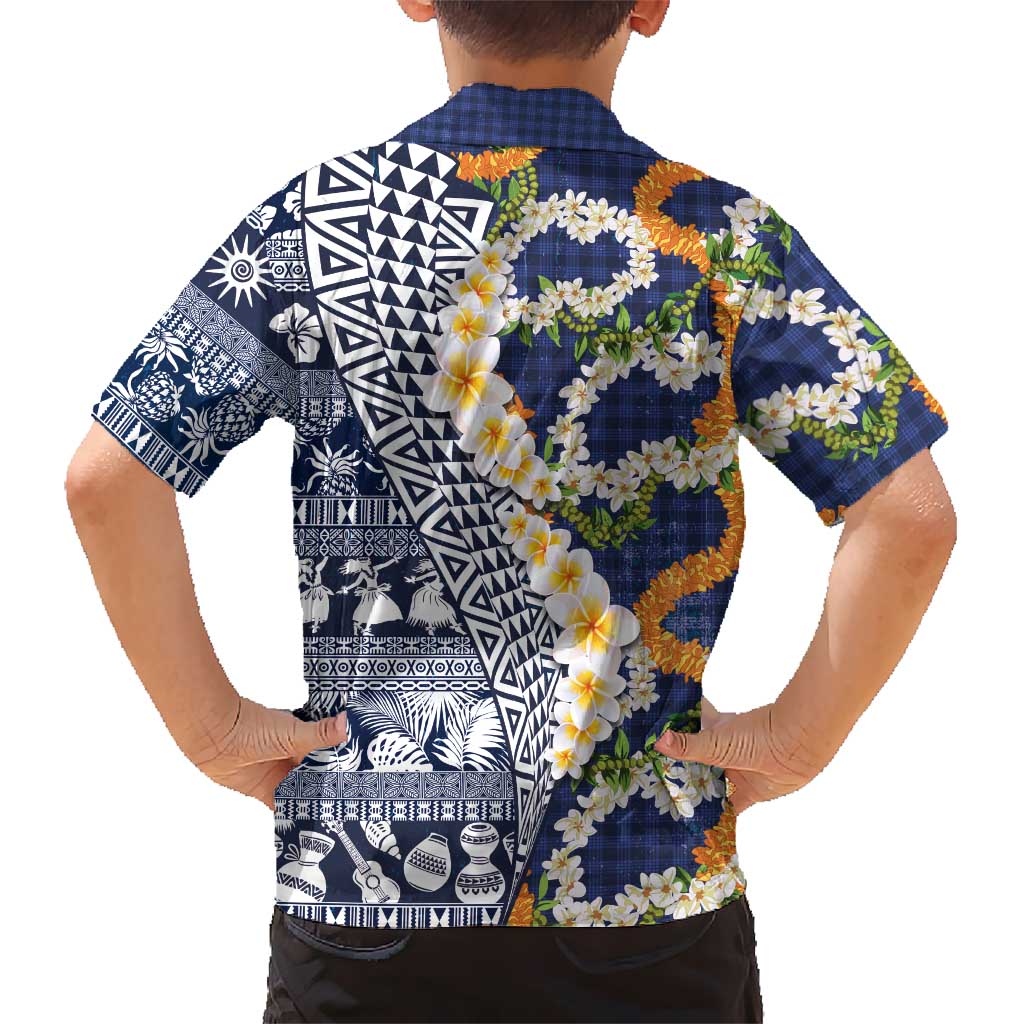 Hawaiian Plumeria Lei Family Matching Off The Shoulder Long Sleeve Dress and Hawaiian Shirt Kakau Motifs and Palaka Half Style Blue Color LT03 - Polynesian Pride