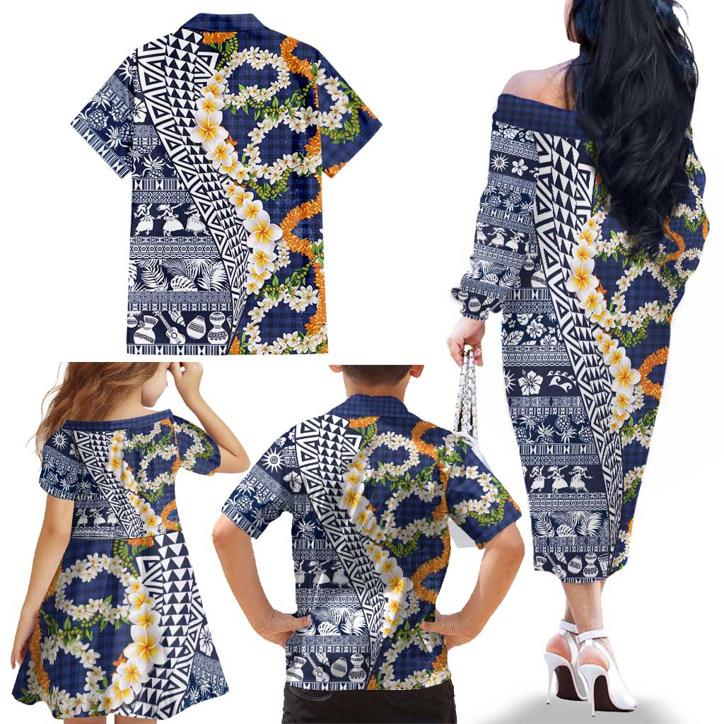 Hawaiian Plumeria Lei Family Matching Off The Shoulder Long Sleeve Dress and Hawaiian Shirt Kakau Motifs and Palaka Half Style Blue Color LT03 - Polynesian Pride