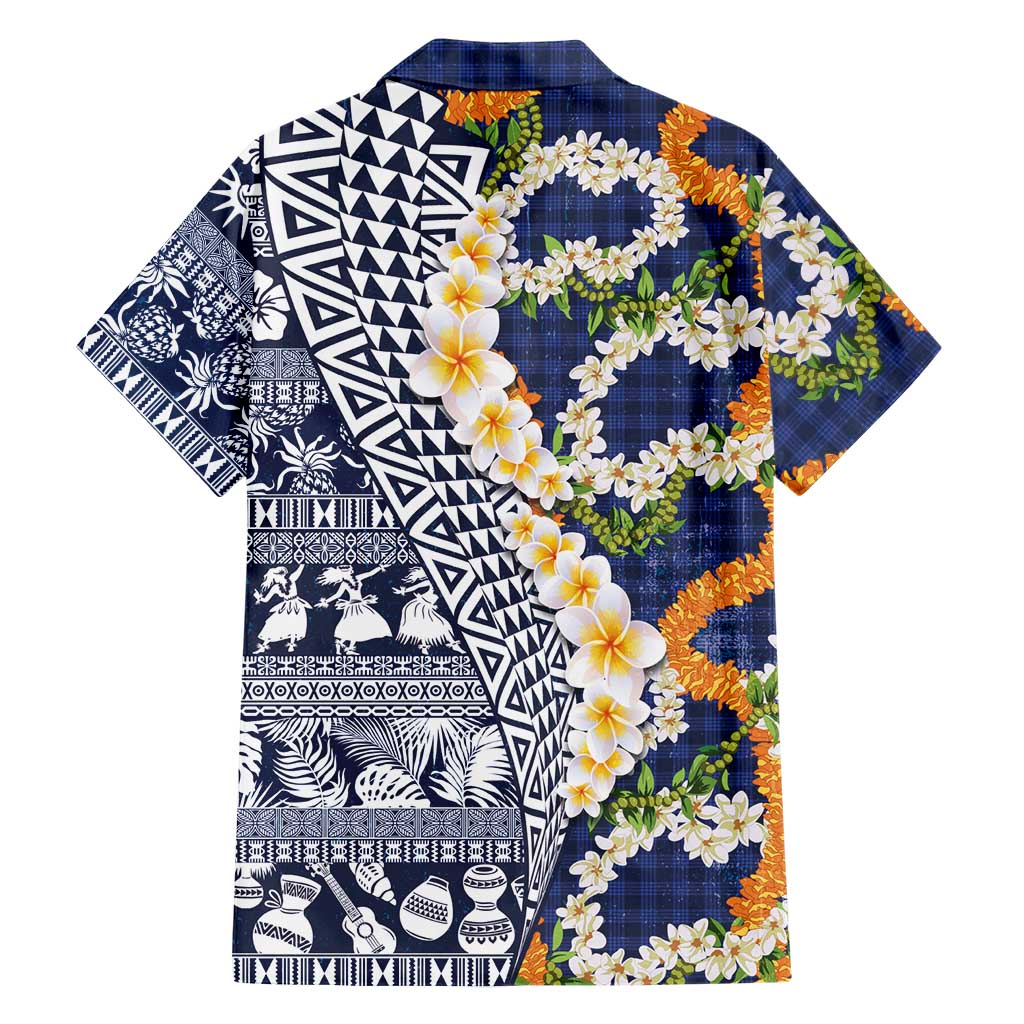Hawaiian Plumeria Lei Family Matching Off The Shoulder Long Sleeve Dress and Hawaiian Shirt Kakau Motifs and Palaka Half Style Blue Color LT03 - Polynesian Pride