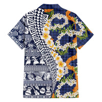 Hawaiian Plumeria Lei Family Matching Off The Shoulder Long Sleeve Dress and Hawaiian Shirt Kakau Motifs and Palaka Half Style Blue Color LT03 - Polynesian Pride