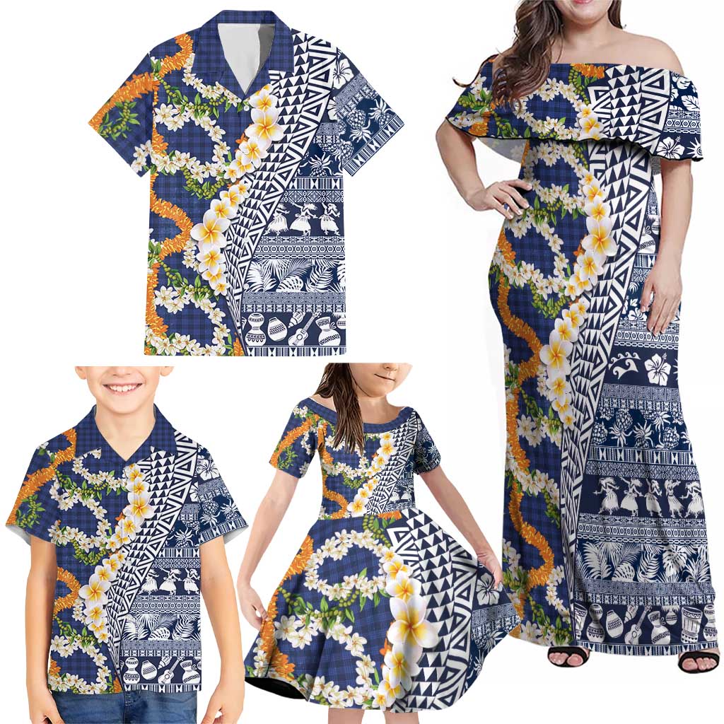 Hawaiian Plumeria Lei Family Matching Off Shoulder Maxi Dress and Hawaiian Shirt Kakau Motifs and Palaka Half Style Blue Color - Polynesian Pride