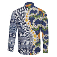 Hawaiian Plumeria Lei Family Matching Off Shoulder Maxi Dress and Hawaiian Shirt Kakau Motifs and Palaka Half Style Blue Color LT03 - Polynesian Pride