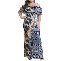 Hawaiian Plumeria Lei Family Matching Off Shoulder Maxi Dress and Hawaiian Shirt Kakau Motifs and Palaka Half Style Blue Color LT03 Mom's Dress Blue - Polynesian Pride