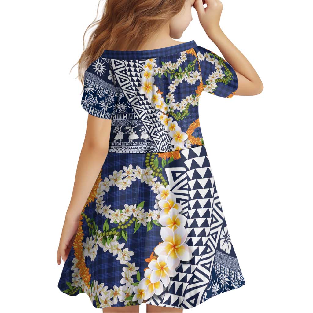 Hawaiian Plumeria Lei Family Matching Off Shoulder Short Dress and Hawaiian Shirt Kakau Motifs and Palaka Half Style Blue Color LT03 - Polynesian Pride