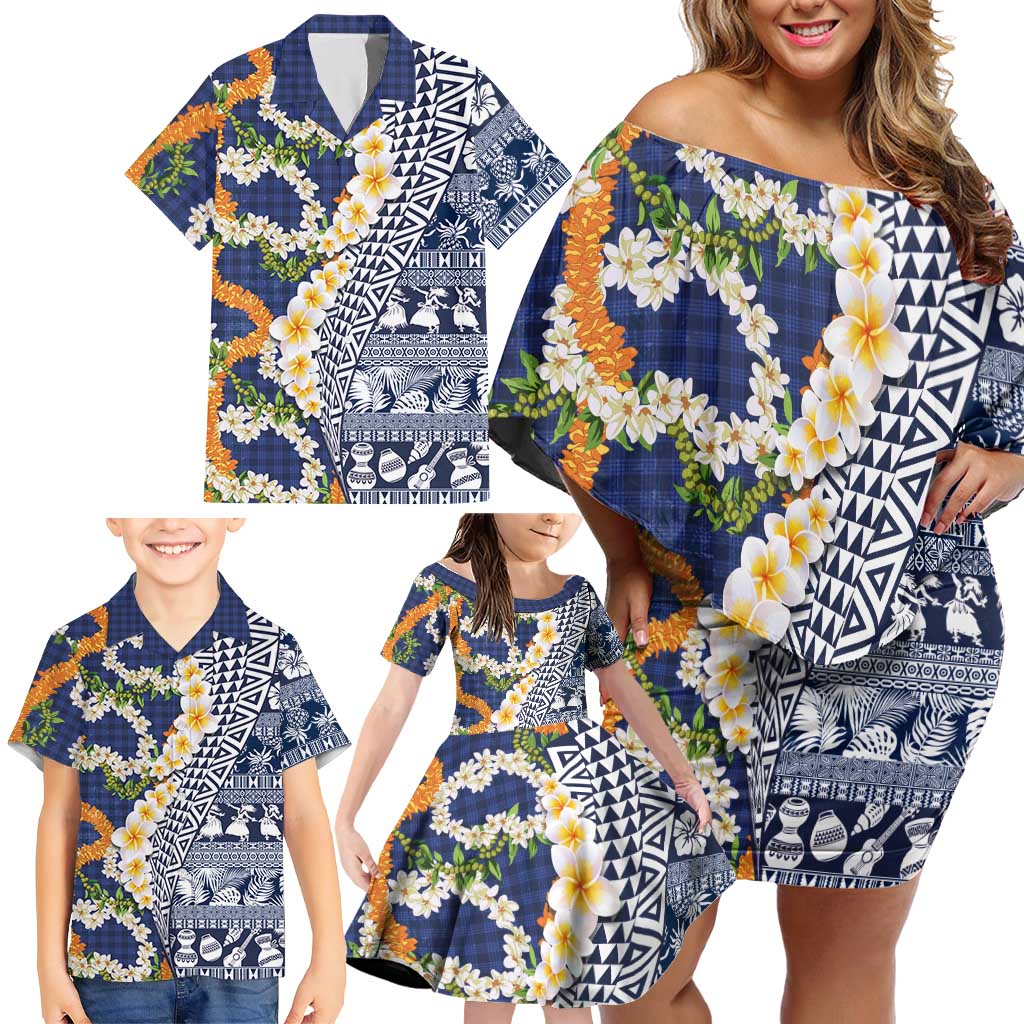 Hawaiian Plumeria Lei Family Matching Off Shoulder Short Dress and Hawaiian Shirt Kakau Motifs and Palaka Half Style Blue Color LT03 - Polynesian Pride