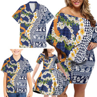 Hawaiian Plumeria Lei Family Matching Off Shoulder Short Dress and Hawaiian Shirt Kakau Motifs and Palaka Half Style Blue Color LT03 - Polynesian Pride