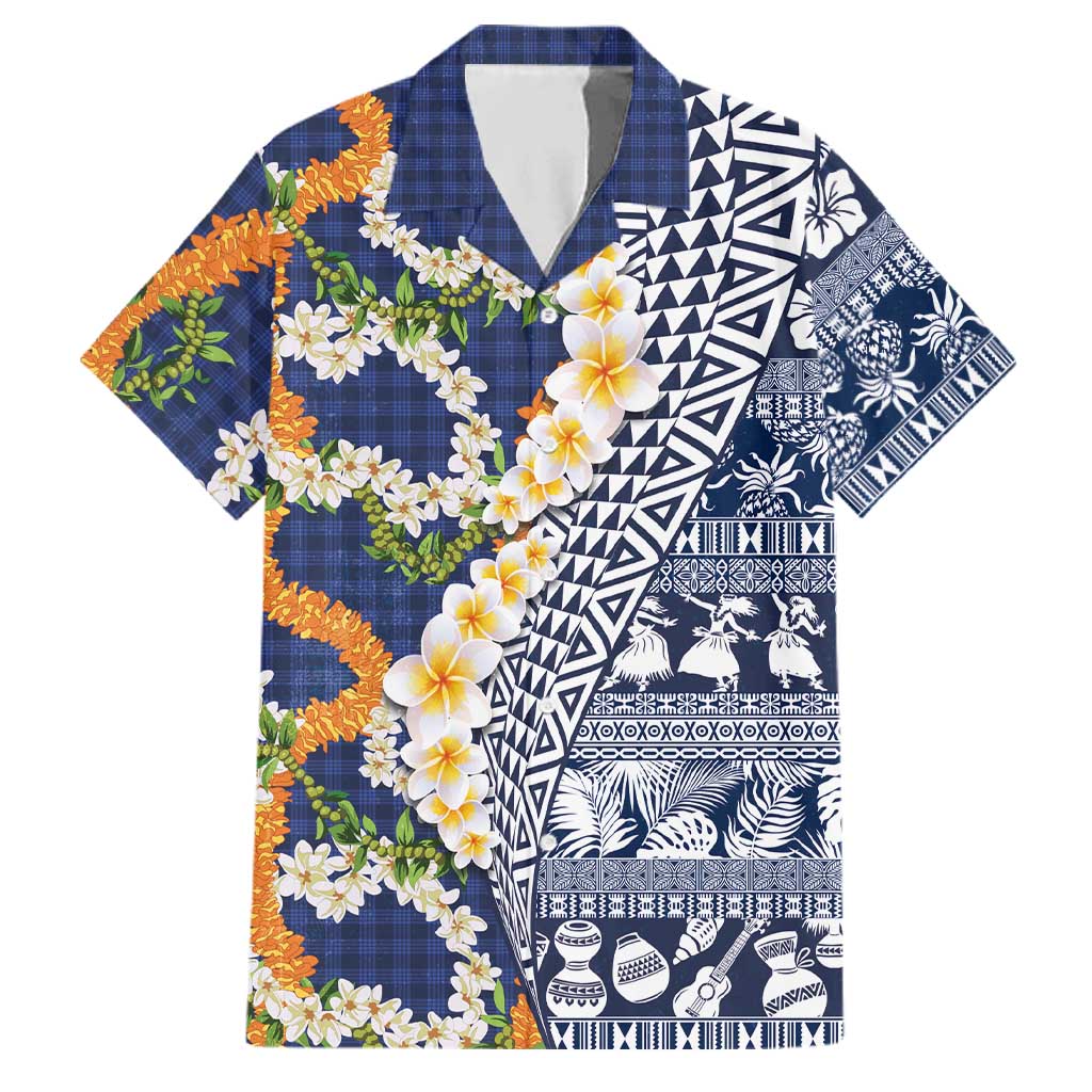 Hawaiian Plumeria Lei Family Matching Off Shoulder Short Dress and Hawaiian Shirt Kakau Motifs and Palaka Half Style Blue Color LT03 Dad's Shirt - Short Sleeve Blue - Polynesian Pride