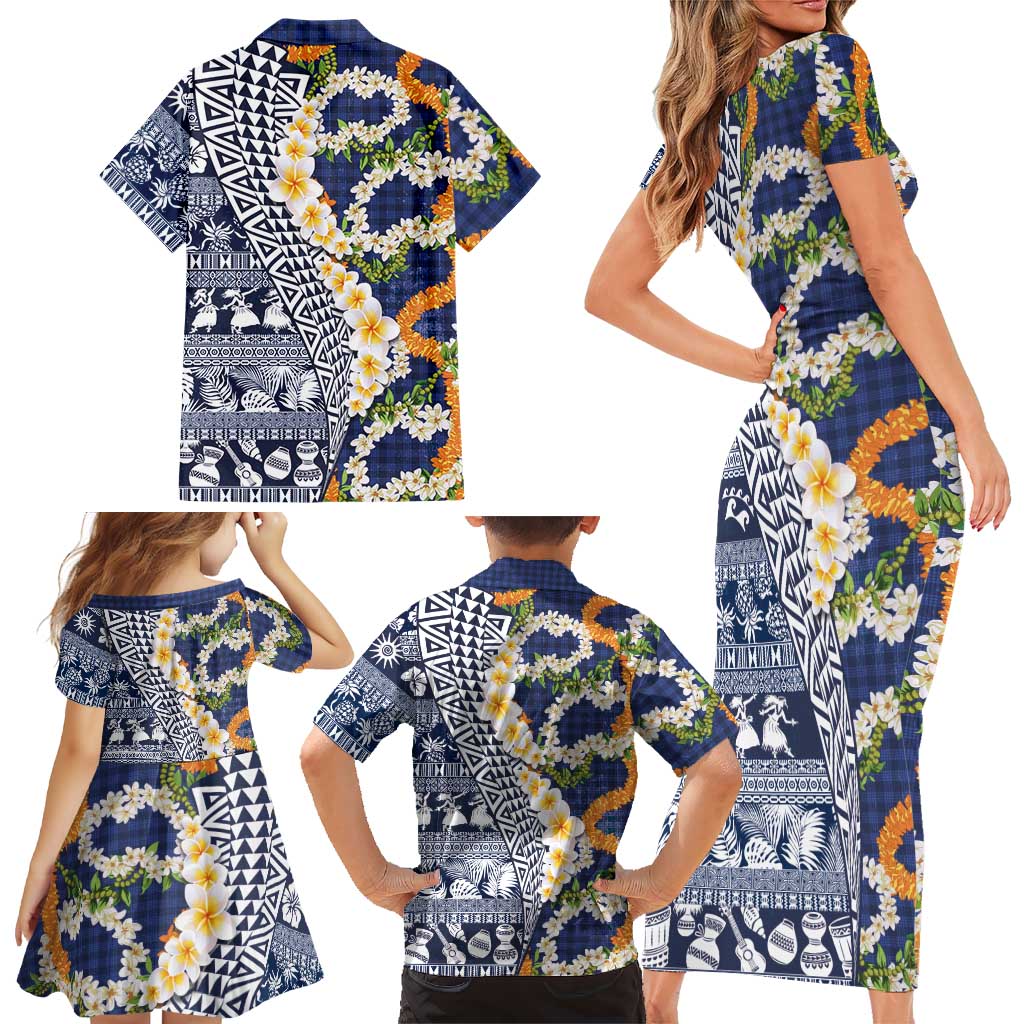 Hawaiian Plumeria Lei Family Matching Short Sleeve Bodycon Dress and Hawaiian Shirt Kakau Motifs and Palaka Half Style Blue Color LT03 - Polynesian Pride