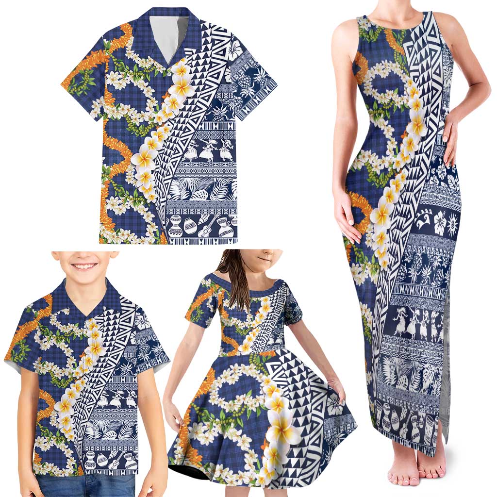 Hawaiian Plumeria Lei Family Matching Tank Maxi Dress and Hawaiian Shirt Kakau Motifs and Palaka Half Style Blue Color - Polynesian Pride