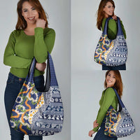 Hawaiian Plumeria Lei Grocery Bag Kakau Motifs and Palaka Half Style Blue Color - Polynesian Pride