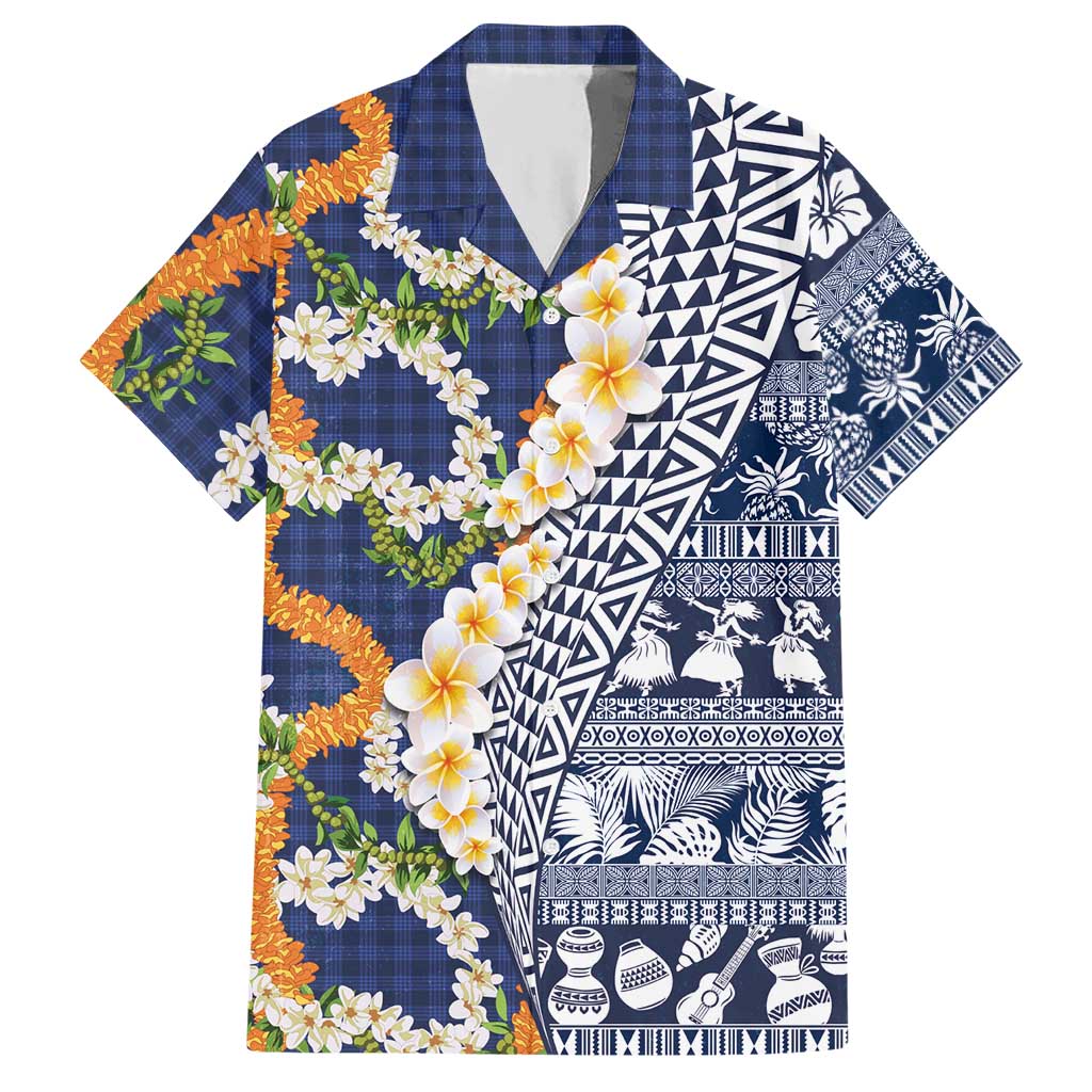 Hawaiian Plumeria Lei Hawaiian Shirt Kakau Motifs and Palaka Half Style Blue Color - Polynesian Pride