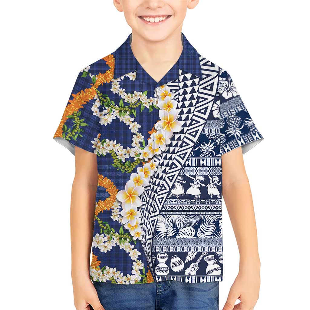 Hawaiian Plumeria Lei Hawaiian Shirt Kakau Motifs and Palaka Half Style Blue Color - Polynesian Pride