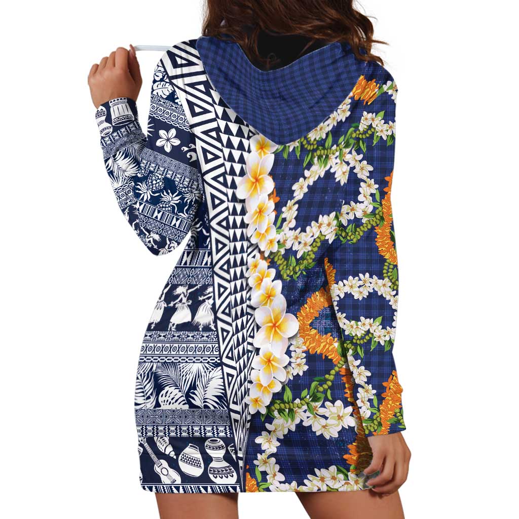 Hawaiian Plumeria Lei Hoodie Dress Kakau Motifs and Palaka Half Style Blue Color LT03 - Polynesian Pride