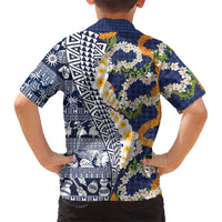 Hawaiian Plumeria Lei Kid Hawaiian Shirt Kakau Motifs and Palaka Half Style Blue Color - Polynesian Pride