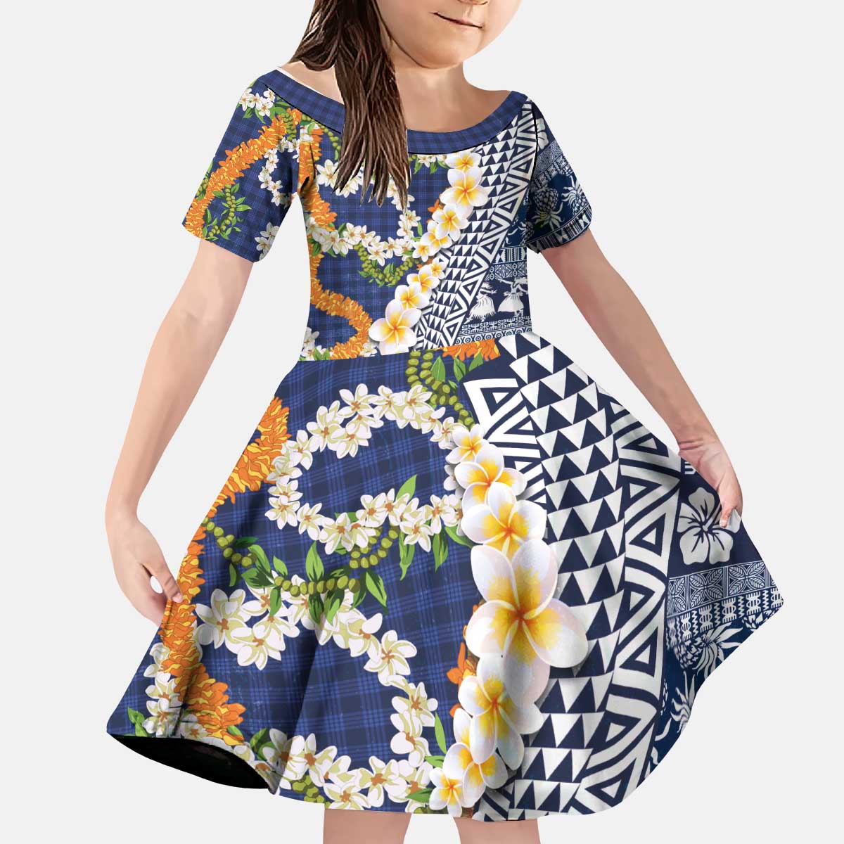 Hawaiian Plumeria Lei Kid Short Sleeve Dress Kakau Motifs and Palaka Half Style Blue Color LT03 KID Blue - Polynesian Pride