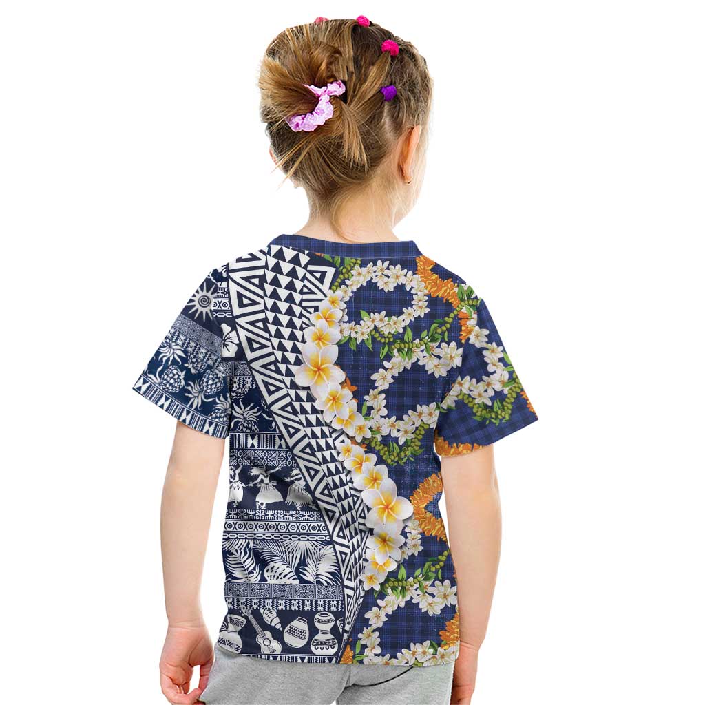 Hawaiian Plumeria Lei Kid T Shirt Kakau Motifs and Palaka Half Style Blue Color - Polynesian Pride