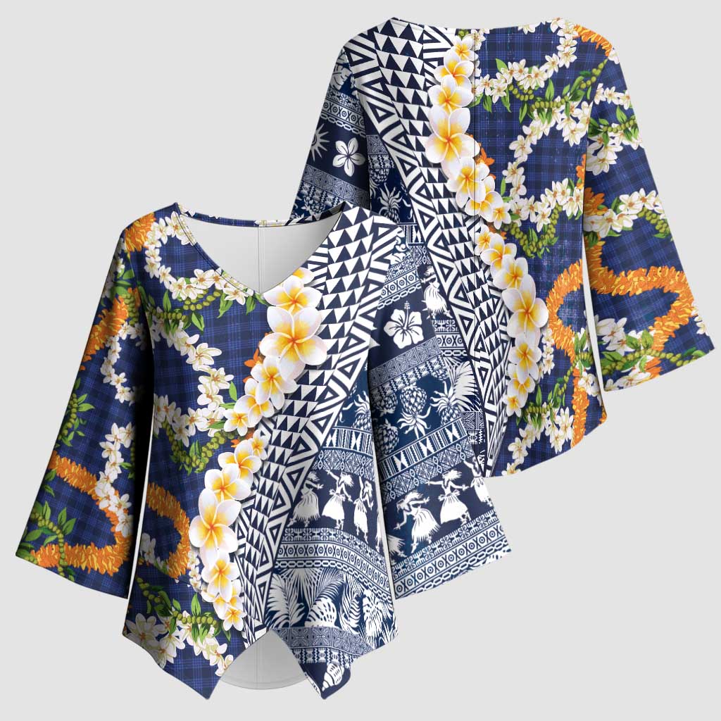 Hawaiian Plumeria Lei Kimono Sleeve Blouse Kakau Motifs and Palaka Half Style Blue Color - Polynesian Pride