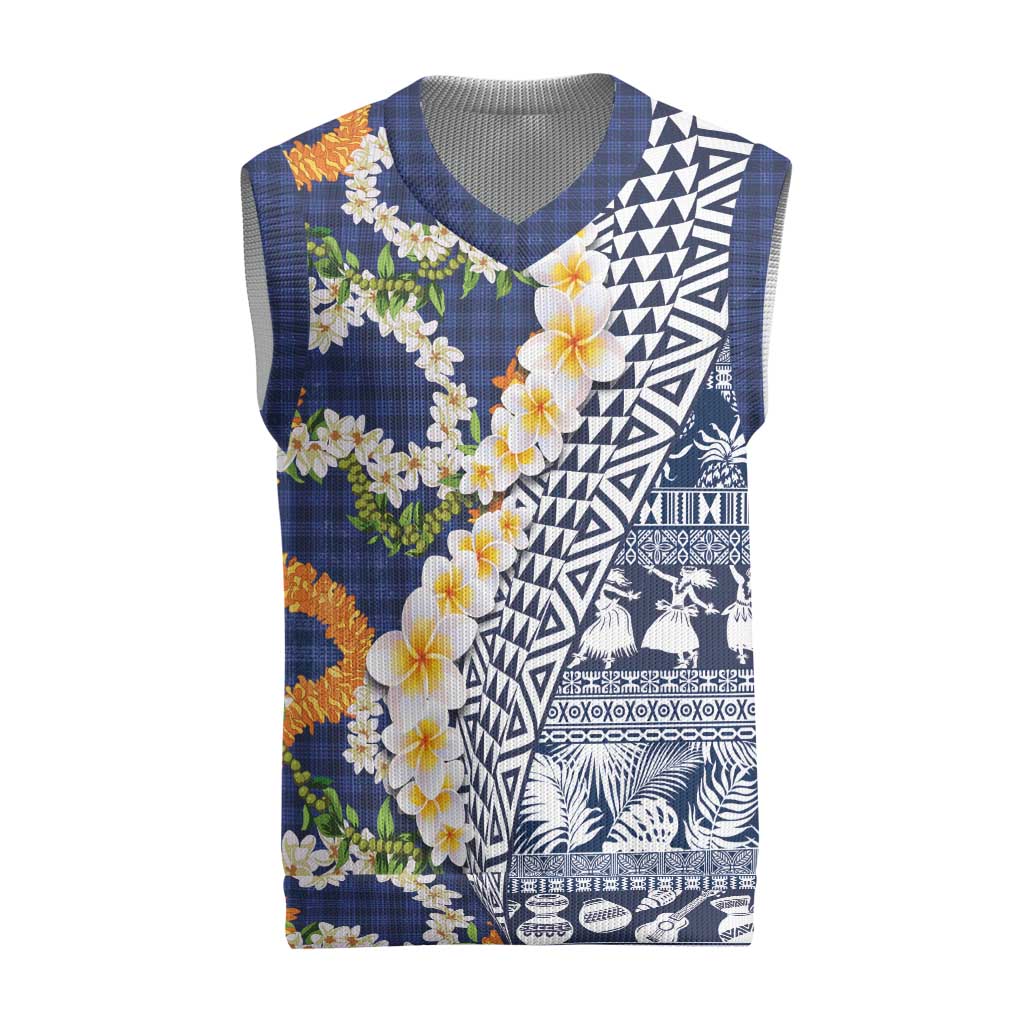 Hawaiian Plumeria Lei Christmas Knitted V-Neck Vest Kakau Motifs and Palaka Half Style Blue Color LT03 Blue - Polynesian Pride