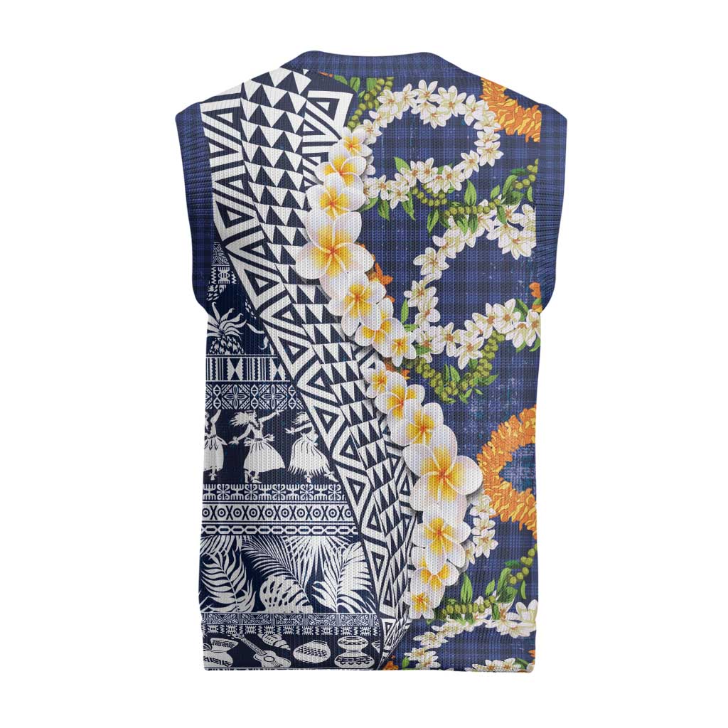 Hawaiian Plumeria Lei Christmas Knitted V-Neck Vest Kakau Motifs and Palaka Half Style Blue Color LT03 - Polynesian Pride