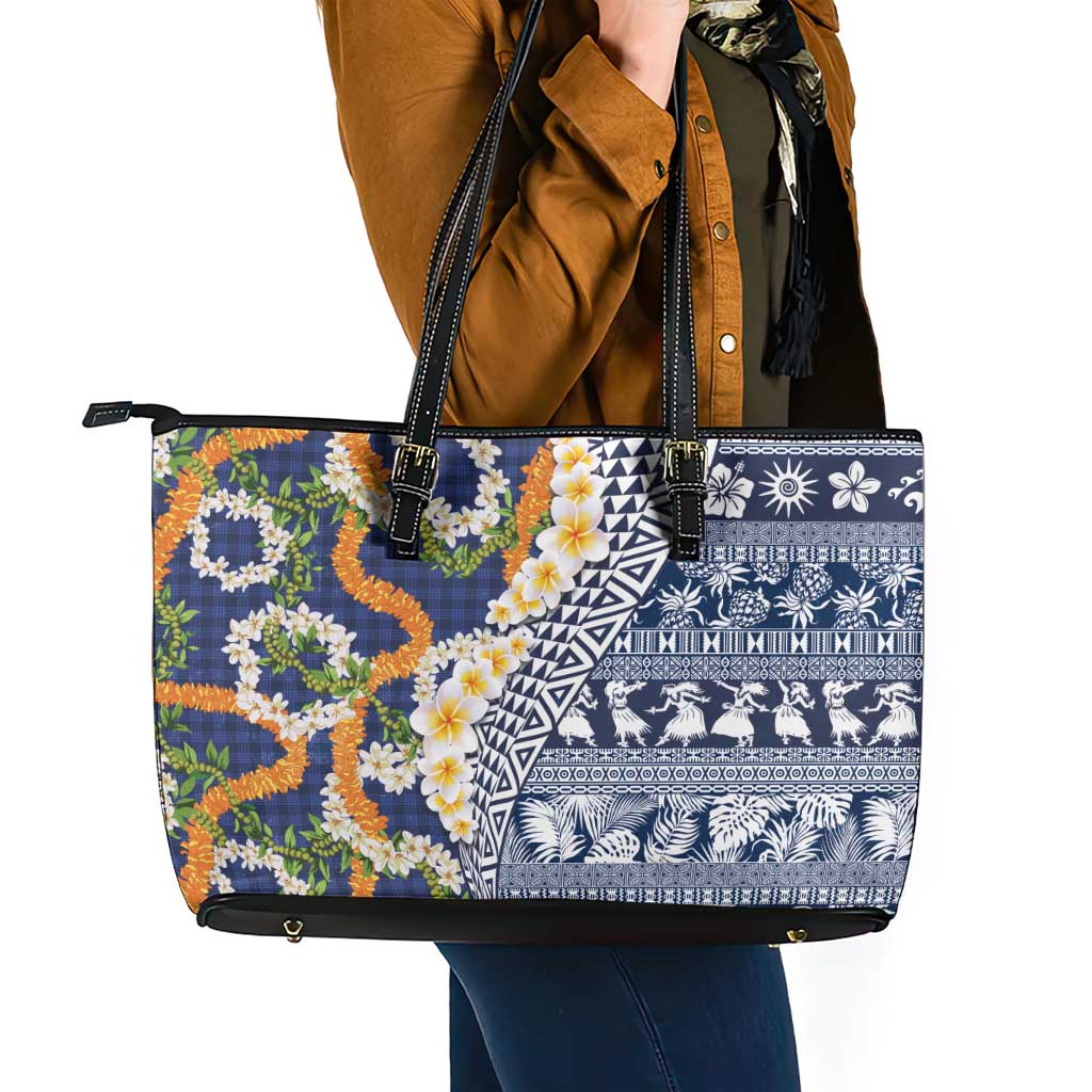 Hawaiian Plumeria Lei Leather Tote Bag Kakau Motifs and Palaka Half Style Blue Color - Polynesian Pride