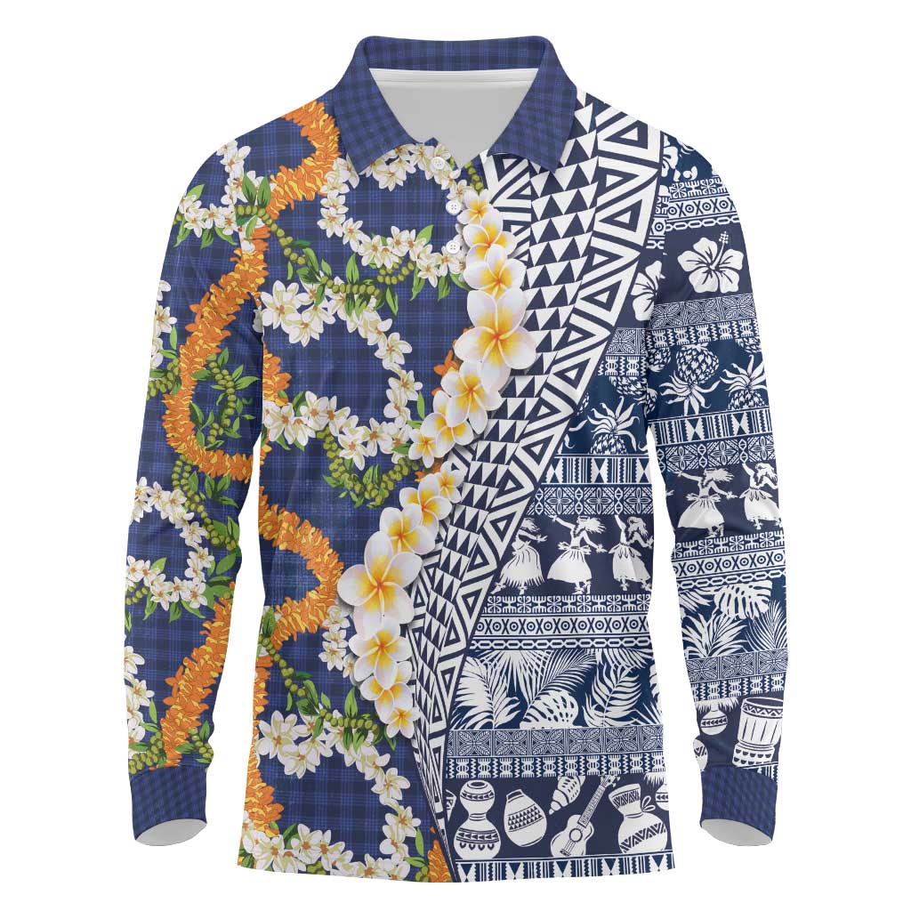 Hawaiian Plumeria Lei Long Sleeve Polo Shirt Kakau Motifs and Palaka Half Style Blue Color LT03 Blue - Polynesian Pride