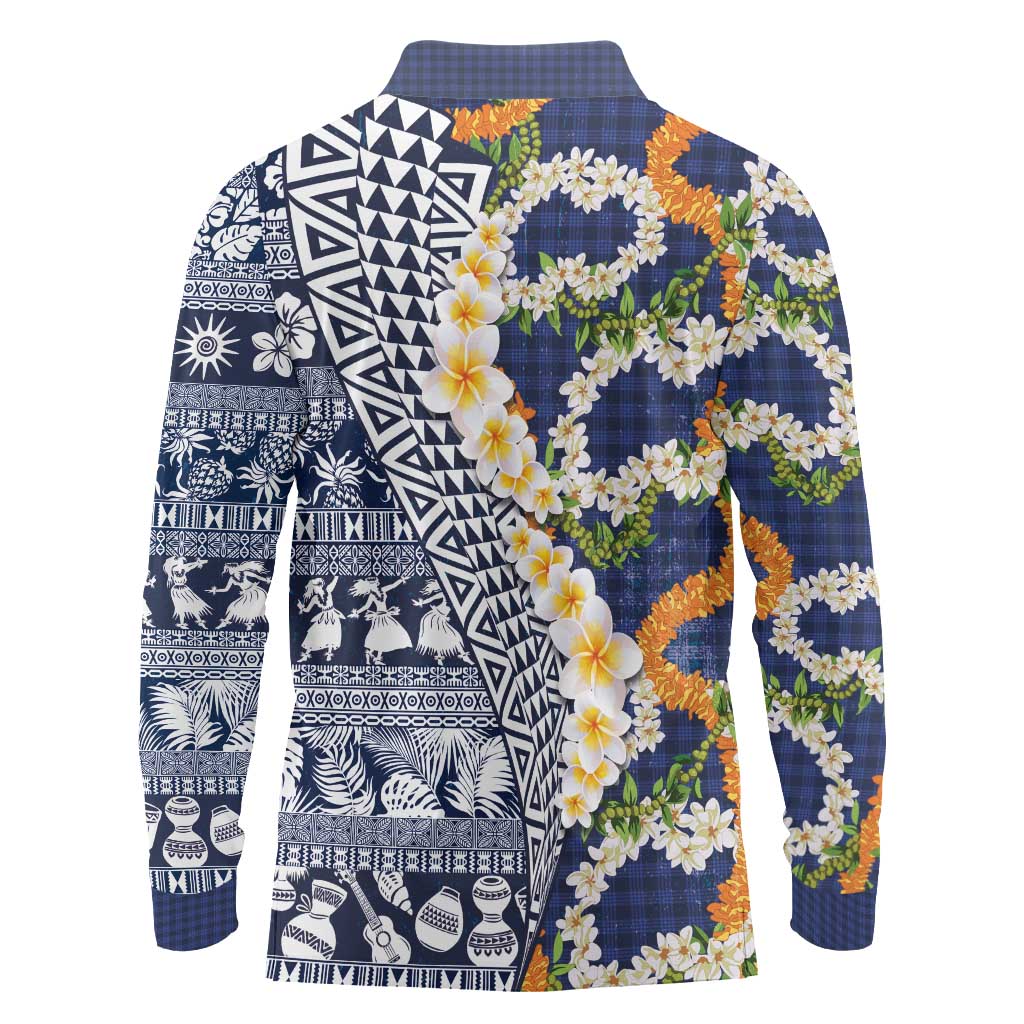 Hawaiian Plumeria Lei Long Sleeve Polo Shirt Kakau Motifs and Palaka Half Style Blue Color LT03 - Polynesian Pride