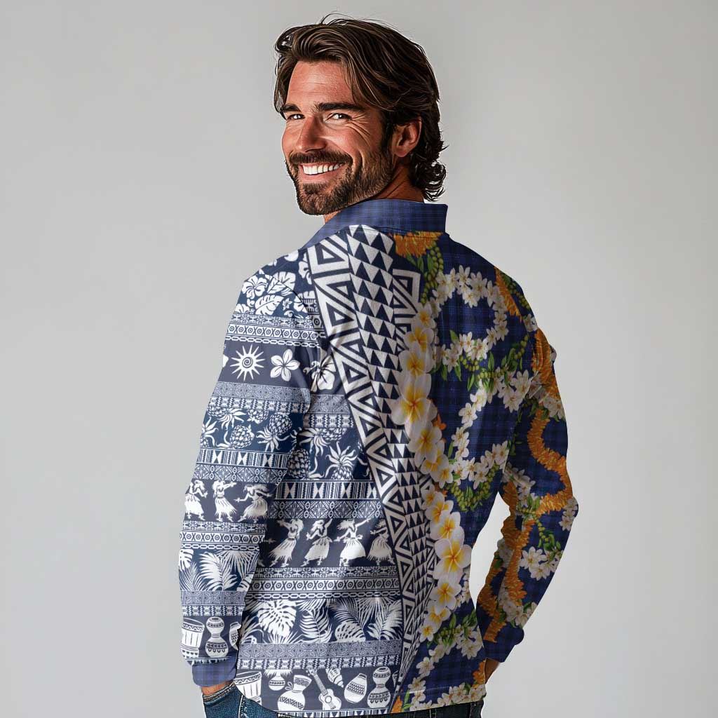 Hawaiian Plumeria Lei Long Sleeve Polo Shirt Kakau Motifs and Palaka Half Style Blue Color LT03 - Polynesian Pride