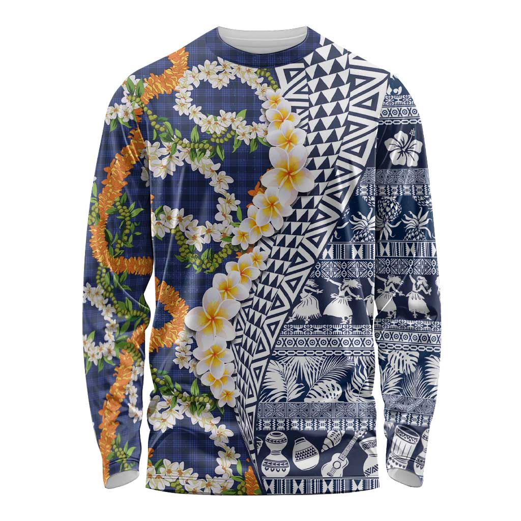 Hawaiian Plumeria Lei Long Sleeve Shirt Kakau Motifs and Palaka Half Style Blue Color - Polynesian Pride