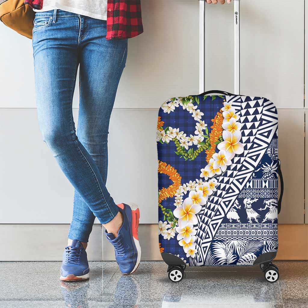Hawaiian Plumeria Lei Luggage Cover Kakau Motifs and Palaka Half Style Blue Color - Polynesian Pride
