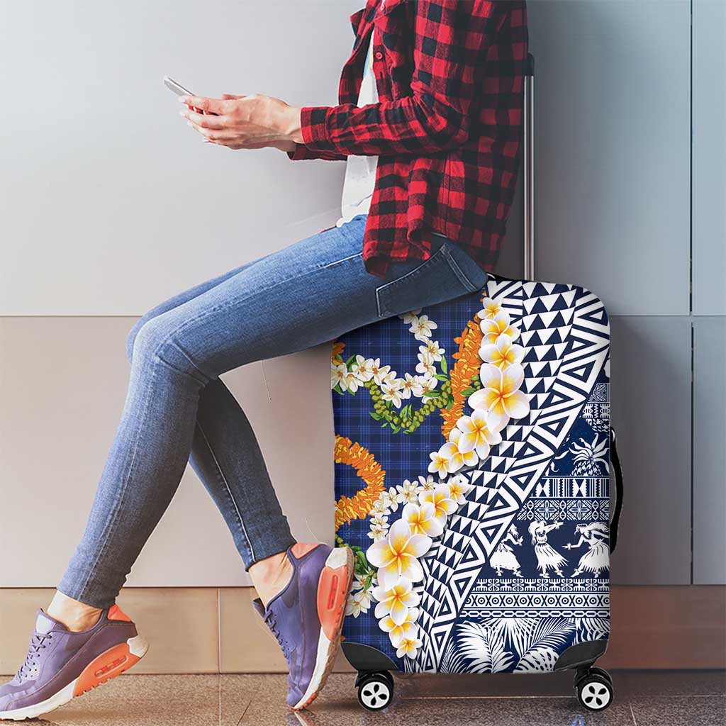 Hawaiian Plumeria Lei Luggage Cover Kakau Motifs and Palaka Half Style Blue Color - Polynesian Pride