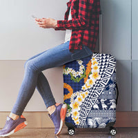 Hawaiian Plumeria Lei Luggage Cover Kakau Motifs and Palaka Half Style Blue Color - Polynesian Pride