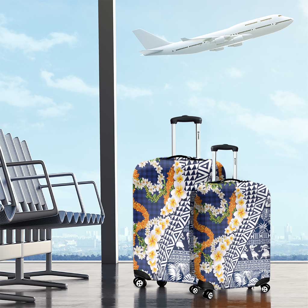 Hawaiian Plumeria Lei Luggage Cover Kakau Motifs and Palaka Half Style Blue Color - Polynesian Pride