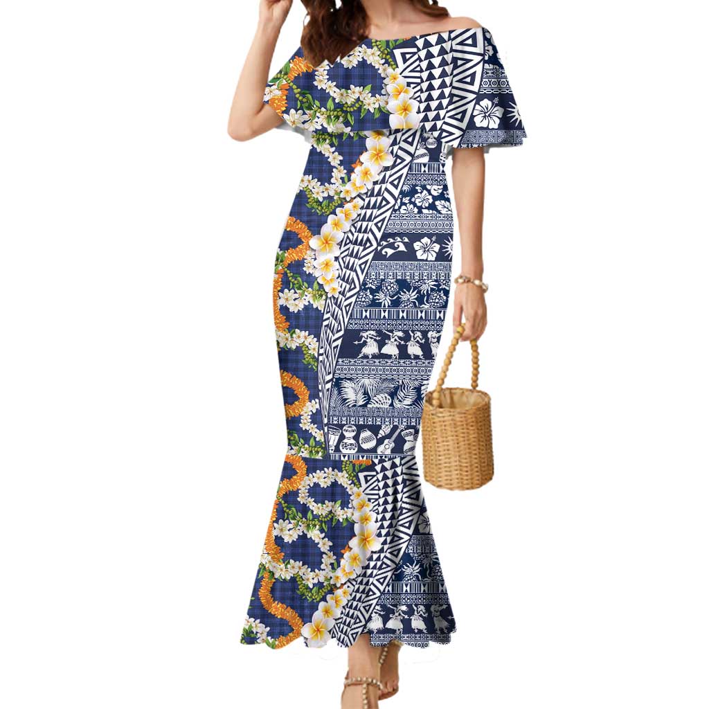 Hawaiian Plumeria Lei Mermaid Dress Kakau Motifs and Palaka Half Style Blue Color LT03 Women Blue - Polynesian Pride