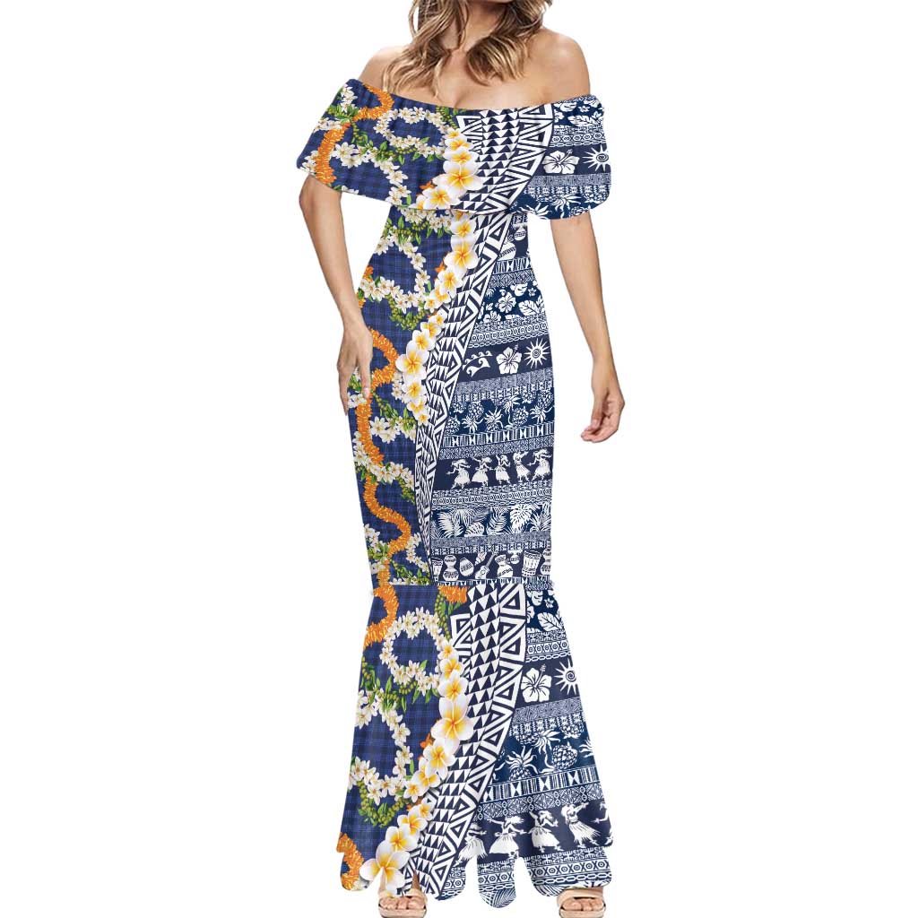 Hawaiian Plumeria Lei Mermaid Dress Kakau Motifs and Palaka Half Style Blue Color LT03 - Polynesian Pride