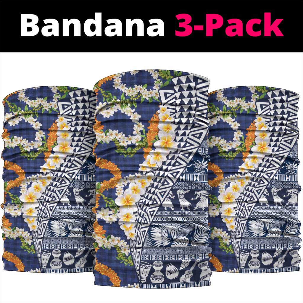 Hawaiian Plumeria Lei Neck Gaiter Kakau Motifs and Palaka Half Style Blue Color - Polynesian Pride