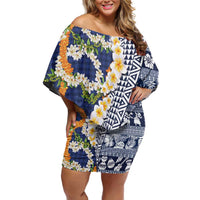 Hawaiian Plumeria Lei Off Shoulder Short Dress Kakau Motifs and Palaka Half Style Blue Color LT03 Women Blue - Polynesian Pride