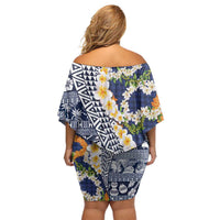 Hawaiian Plumeria Lei Off Shoulder Short Dress Kakau Motifs and Palaka Half Style Blue Color LT03 - Polynesian Pride