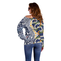 Hawaiian Plumeria Lei Off Shoulder Sweater Kakau Motifs and Palaka Half Style Blue Color - Polynesian Pride