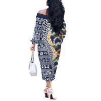 Hawaiian Plumeria Lei Off The Shoulder Long Sleeve Dress Kakau Motifs and Palaka Half Style Blue Color LT03 - Polynesian Pride