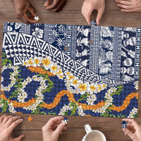 Hawaiian Plumeria Lei Puzzle Kakau Motifs and Palaka Half Style Blue Color - Polynesian Pride