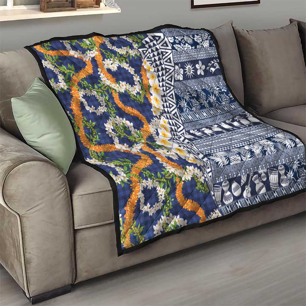 Hawaiian Plumeria Lei Quilt Kakau Motifs and Palaka Half Style Blue Color - Polynesian Pride