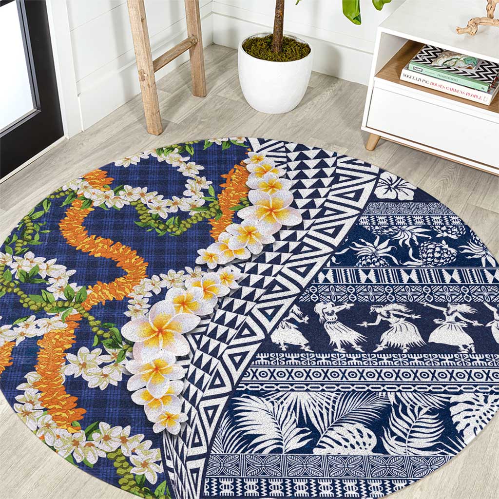 Hawaiian Plumeria Lei Round Carpet Kakau Motifs and Palaka Half Style Blue Color - Polynesian Pride
