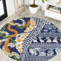 Hawaiian Plumeria Lei Round Carpet Kakau Motifs and Palaka Half Style Blue Color - Polynesian Pride