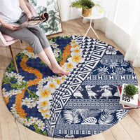 Hawaiian Plumeria Lei Round Carpet Kakau Motifs and Palaka Half Style Blue Color - Polynesian Pride