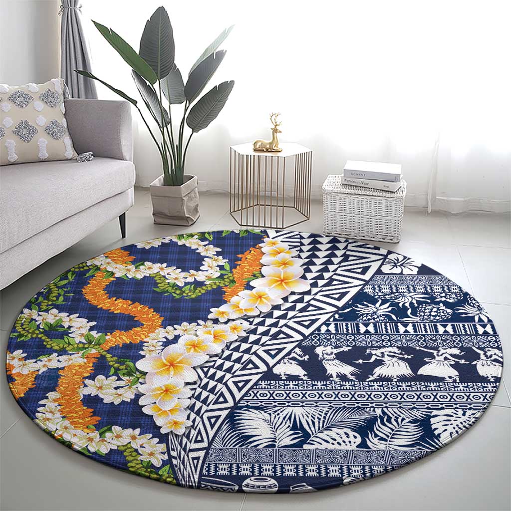 Hawaiian Plumeria Lei Round Carpet Kakau Motifs and Palaka Half Style Blue Color - Polynesian Pride