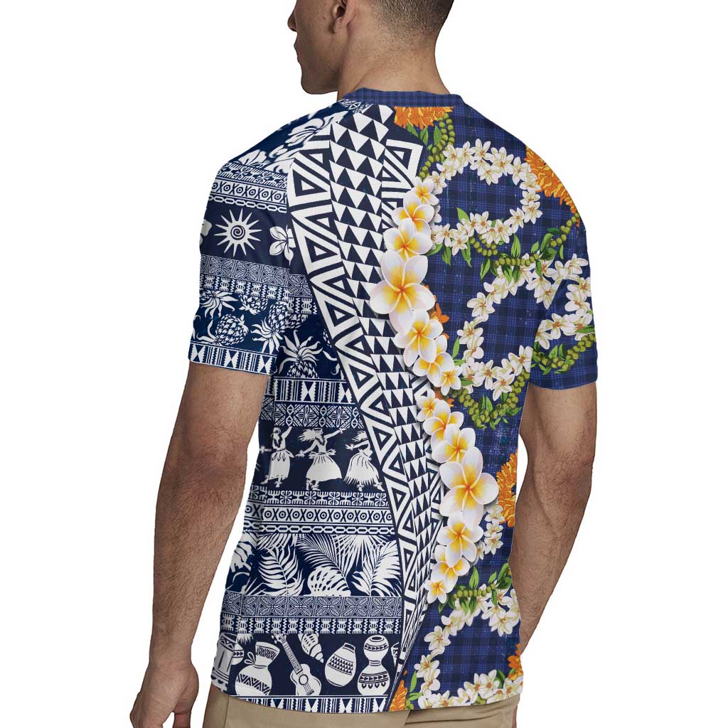 Hawaiian Plumeria Lei Rugby Jersey Kakau Motifs and Palaka Half Style Blue Color - Polynesian Pride