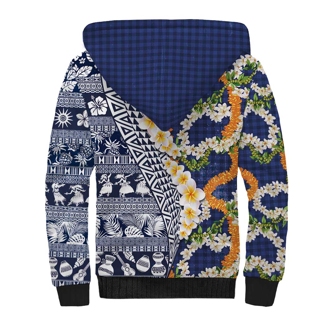 Hawaiian Plumeria Lei Sherpa Hoodie Kakau Motifs and Palaka Half Style Blue Color LT03 - Polynesian Pride